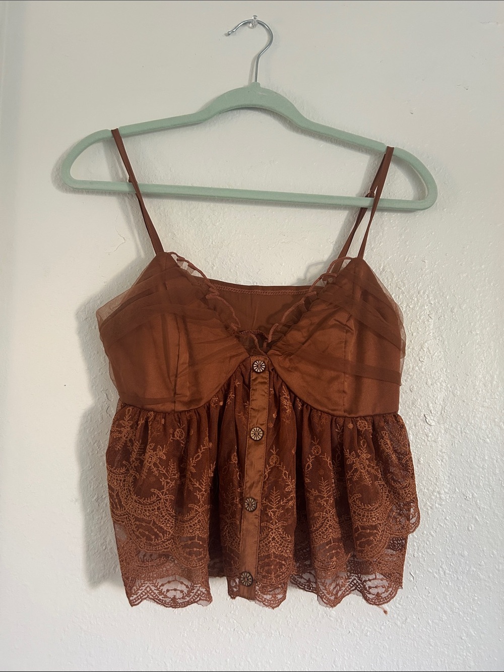 Brown Lace-Trim Spaghetti Strap Camisole Top